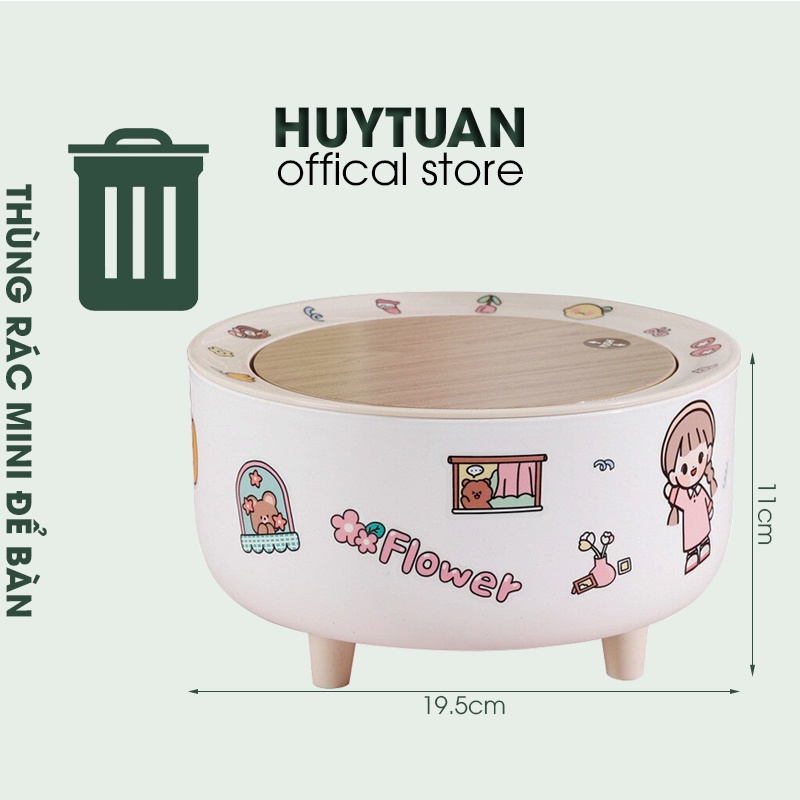 Thùng rác mini để bàn hình trụ tròn nắp nhấn tự động thông minh kèm sticker trang trí (TRT03)