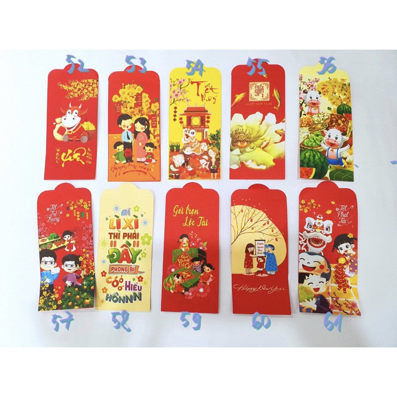 COMBO 10 bao lì xì Tết có kèm túi bóng kính - Hàng đẹp siêu dày dặn - Họa tiết ngẫu nhiên