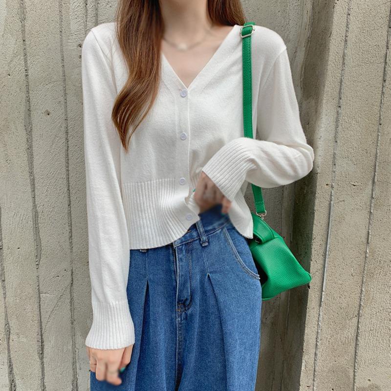 Áo cardigan dệt kim tay dài cổ chữ V màu sắc thanh lịch