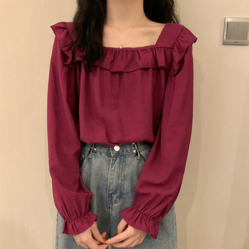 Áo Sơ Mi Dài Tay Cổ Vuông Xinh Xắn Dành Cho Nữ