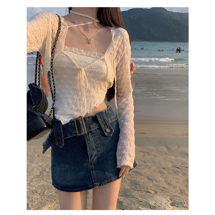 Bộ Áo Ren Hai Dây + Áo Choàng Ngắn 2022 Thời Trang Xuân Hè Cho Nữ