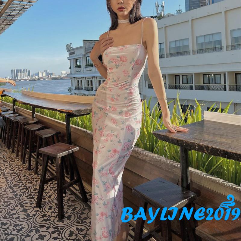 Đầm Ôm Dáng Không Tay Hở Lưng In Họa Tiết Hoa Hồng Có Vòng Choker Đơn Giản Dành Cho Nữ