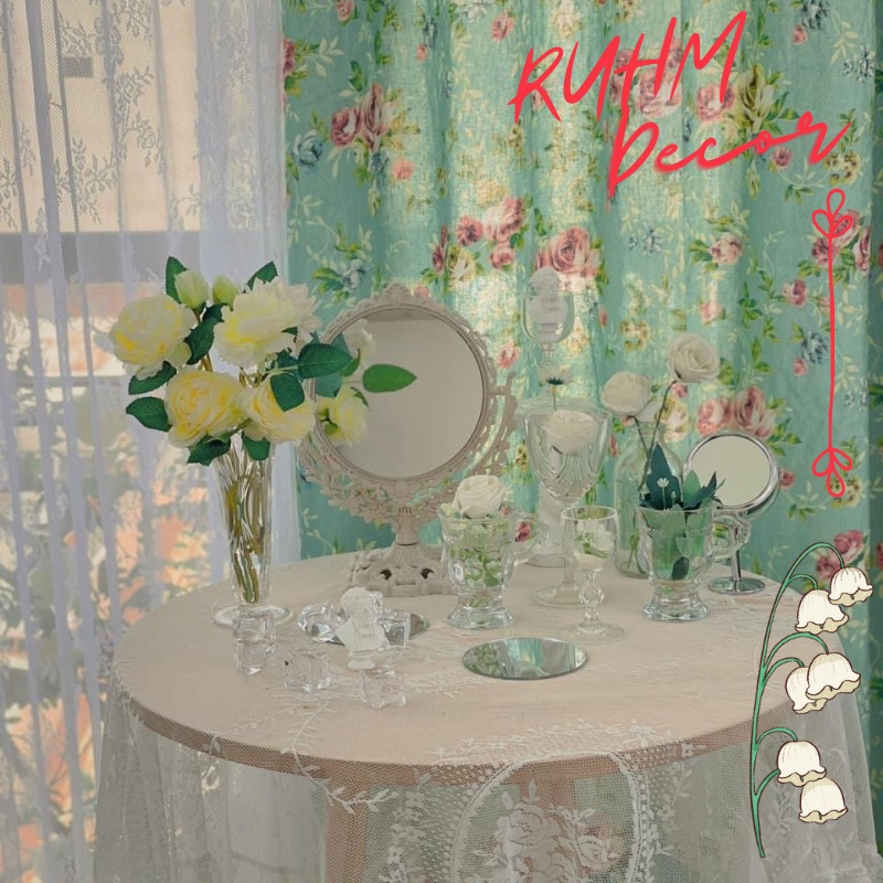 Rèm cửa đẹp trang trí vải bố linen đậm chất nghỉ dưỡng thư giãn - họa tiết Hoa xanh vintage R-K04