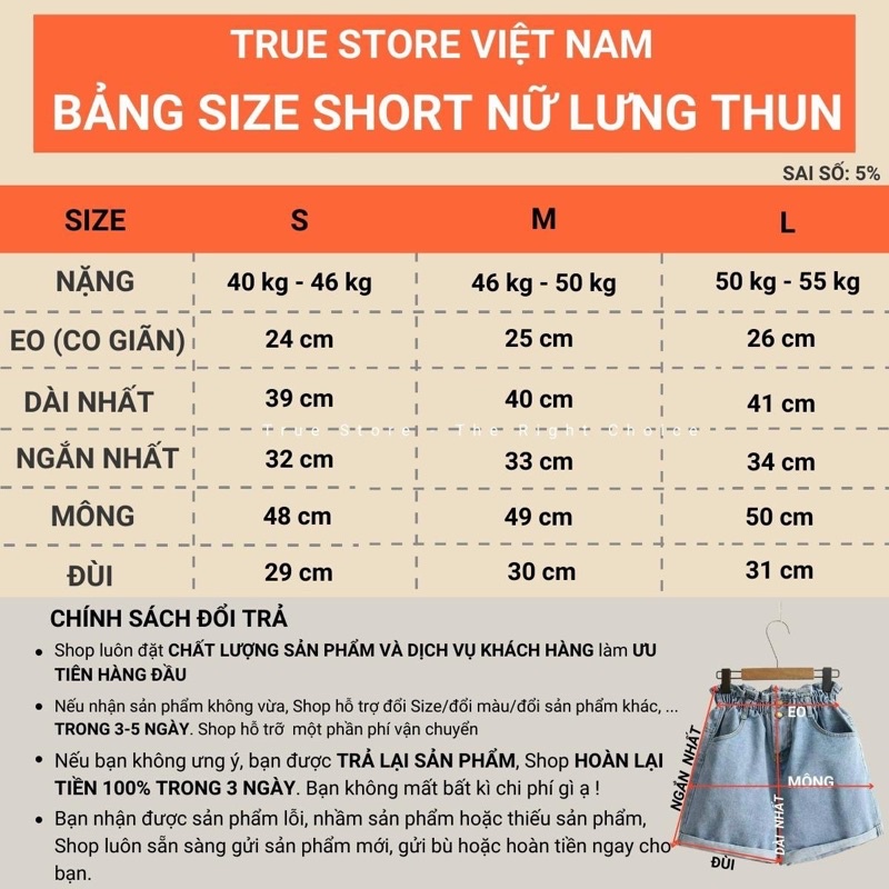Quần short jean nữ lưng thun trơn vải bò cao cấp không giãn, quần đùi nữ ống rộng mẫu mới về, True Store, QJS003