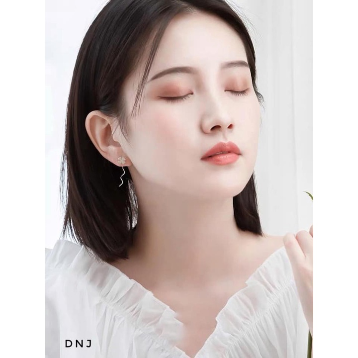 Bông tai nữ bạc thật, khuyên tai cỏ 4 lá dáng dài sang chảnh - Kho sỉ bạc Nhất Linh