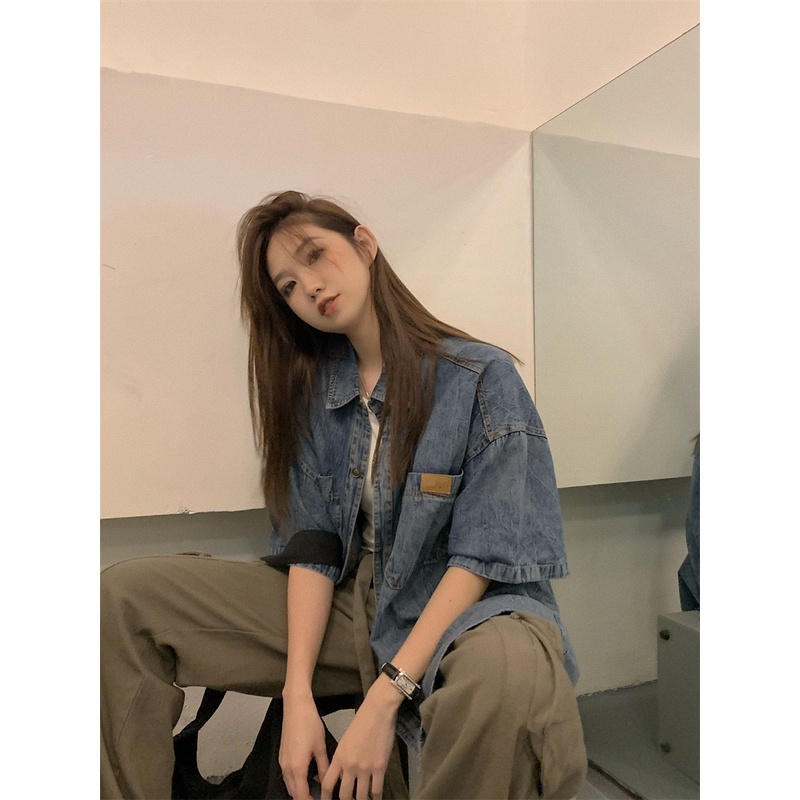 Áo Sơ Mi denim Tay Ngắn Dáng Rộng Thời Trang Mùa Hè Phong Cách Hàn Quốc Cho Nữ
