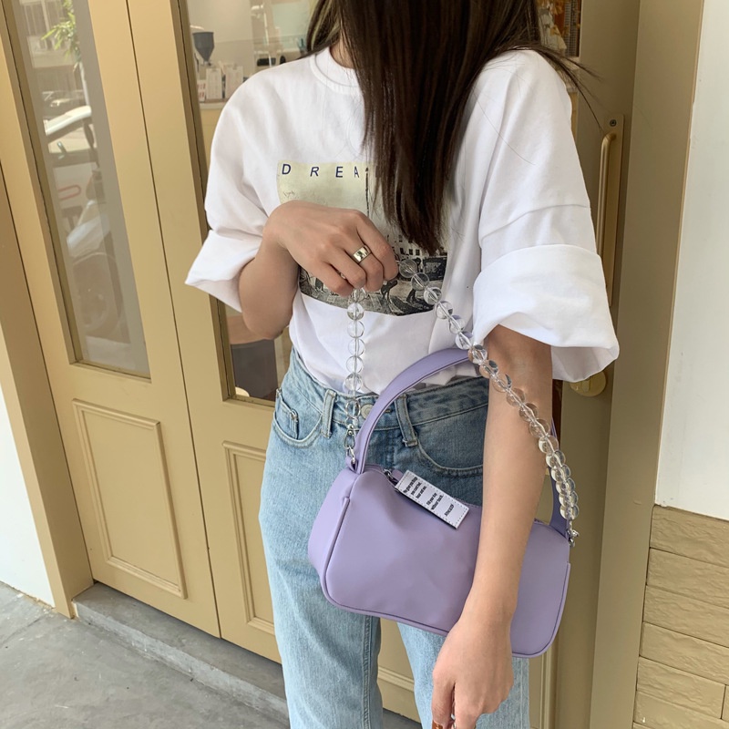 Túi đeo chéo IELGY da mềm màu trơn dây đeo xỏ hạt trong suốt thời trang cho nữ