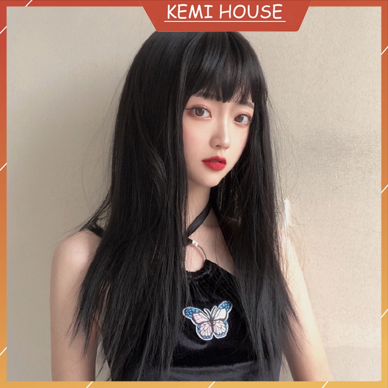 Tóc giả nguyên đầu thẳng dài style ulzzang Hàn Quốc, tóc giả nữ cả đầu mái thưa màu đen [có sẵn]