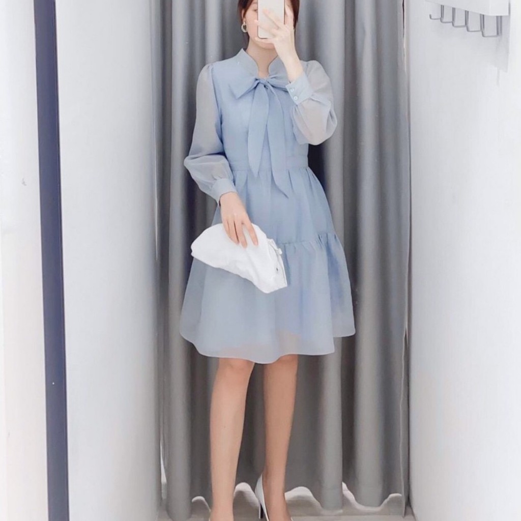 Đầm công sở trắng xanh nơ ngực tơ tầng xinh xắn | BigBuy360 - bigbuy360.vn