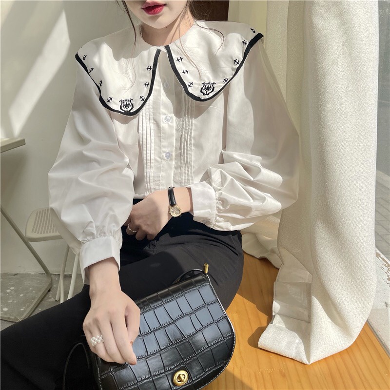 [Ảnh thật] Áo sơ mi cổ bèo xếp li ngực cách điệu họa tiết cổ áo ulzzang