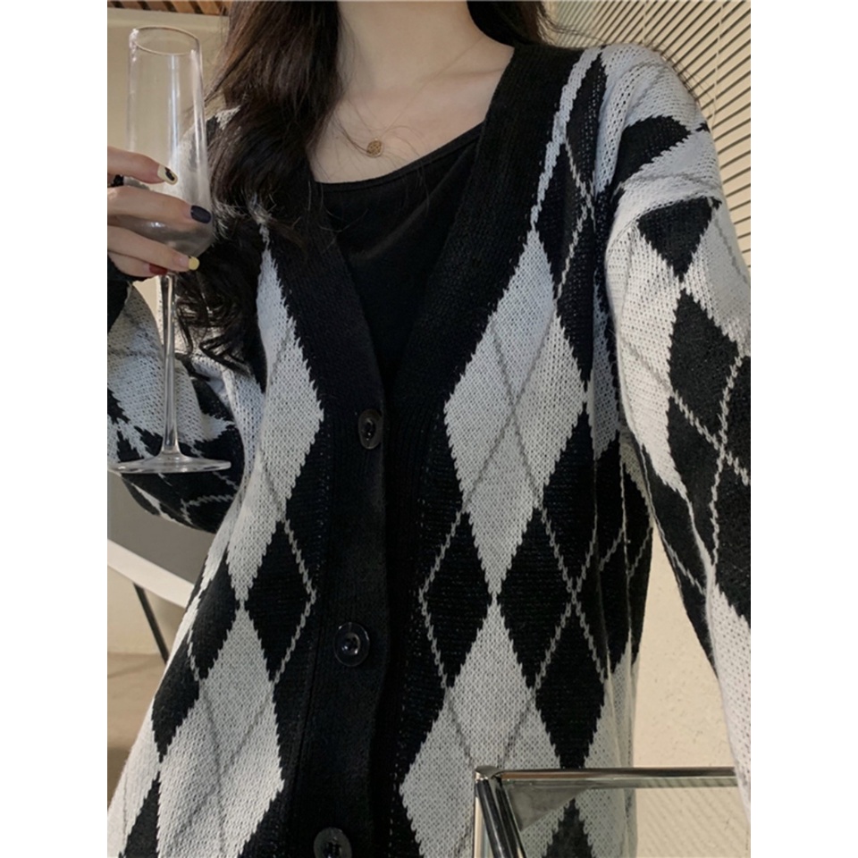 Áo khoác len cardigan kiểu nữ họa tiết kim cương caro siêu xinh ấm áp dầy dặn GEN J CDG Caro