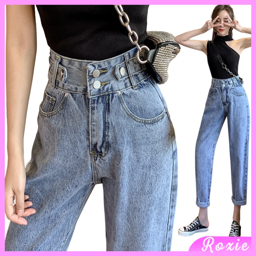 Quần jean nữ lưng cao, Quần bò nữ cạp cao 2 khuy dáng baggy năng động - Roxie