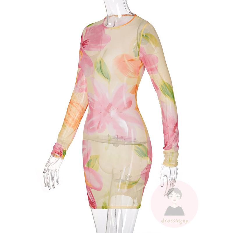 Đầm Ngắn Cổ Tròn Tay Dài Eo Cao Xuyên Thấu In Họa Tiết Hoa Cho Nữ