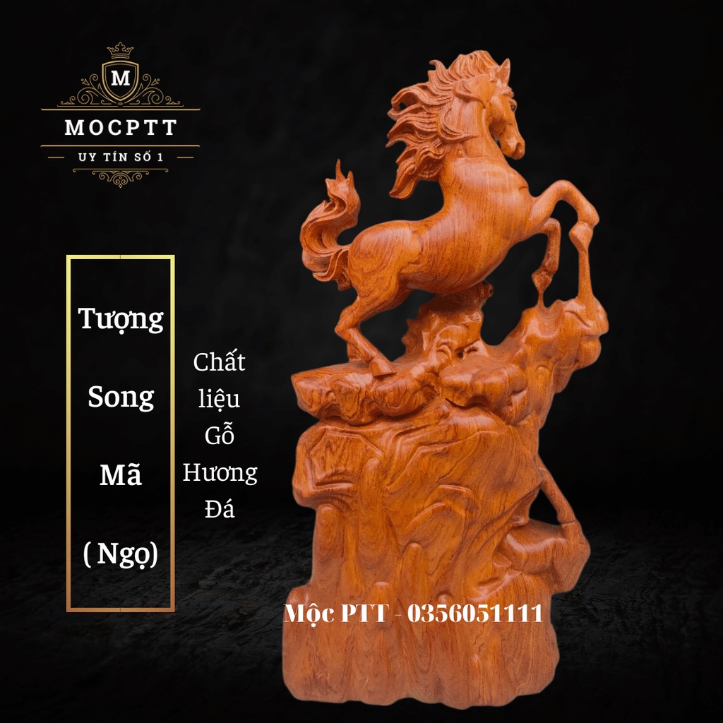 Tượng Song Mã  gỗ Hương Đá nguyên khối kích thước Cao 30 40 60 Cm
