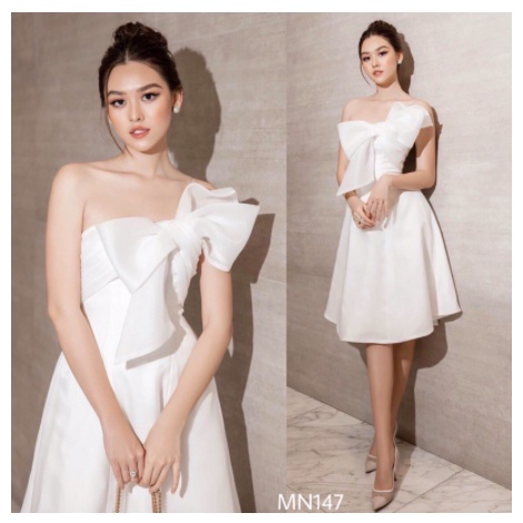 Đầm trắng dự tiệc cúp ngực dáng xòe chất liệu Taffta lụa đơn giản sang trọng (Có đệm ngực)