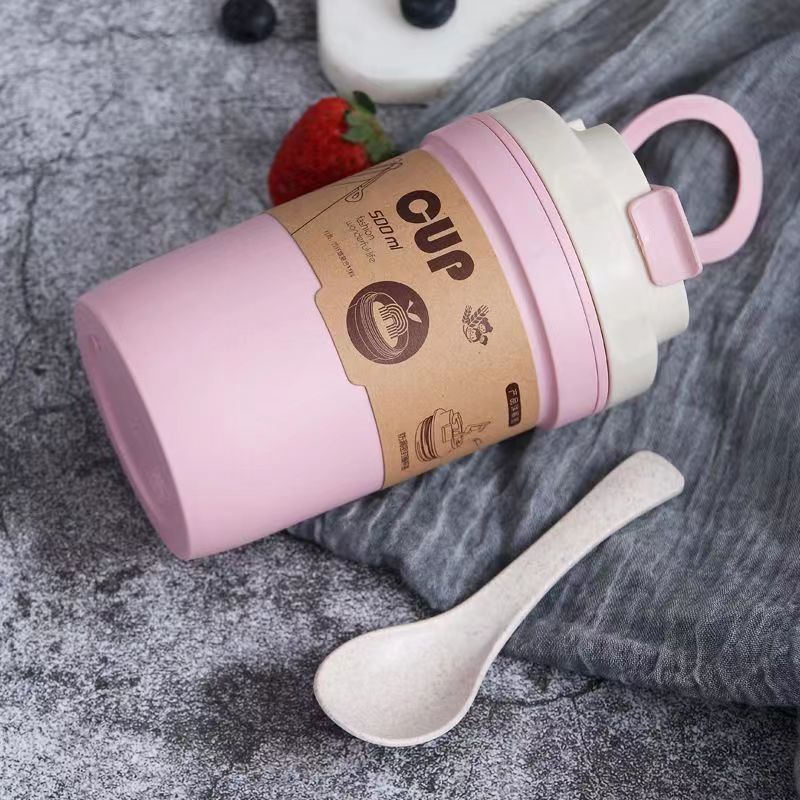 Cốc Đựng Canh Lúa Mạch Cầm Tay Hai Lớp Cách Nhiệt 500ml, Đóng Chặt Không Dễ Đổ, Có Thể Cắm Ống Hút Tiện Lợi Tặng Thìa