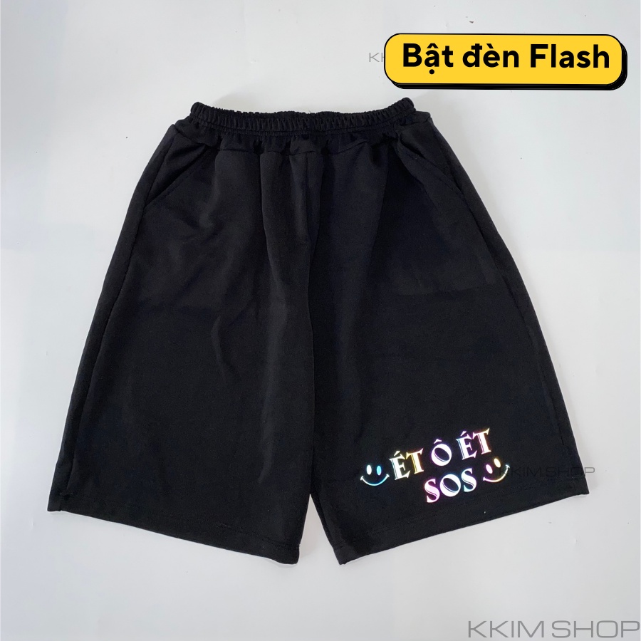 QUẦN Short Nam Nữ ÉT Ô ÉT, quần đùi  form rộng unisex, lửng cộc ngắn đen chất vải Poly 2 DA, in phản quang đa sắc