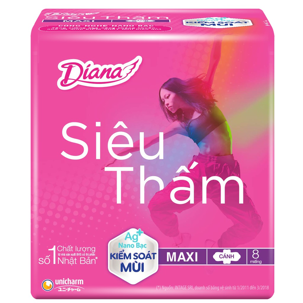 Băng vệ sinh Diana Siêu thấm Maxi cánh kiểm soát mùi 23cm (Ngày)