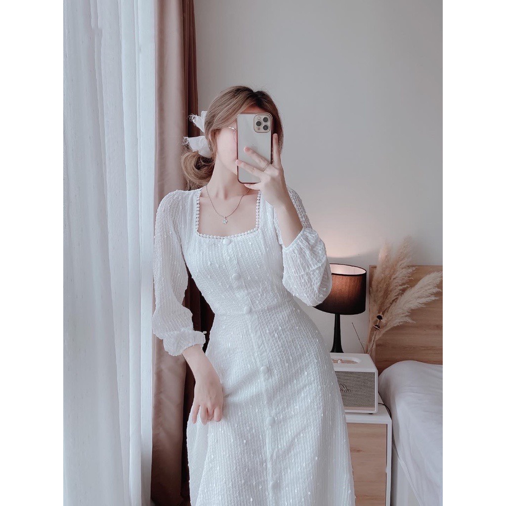 Đầm dự tiệc đầm trắng cổ vuông tay phồng tùng xòe siêu hot LUCAT DRESS