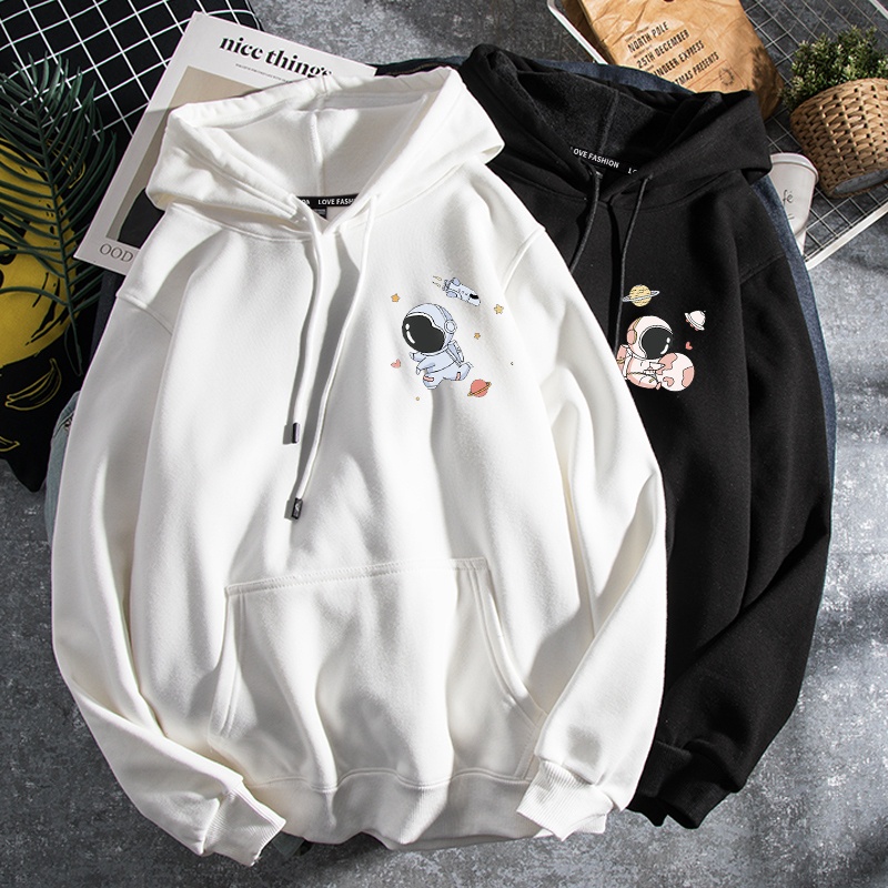🔥11.11🔥 Crazy Flash Áo Hoodie Chui Đầu Tay Dài Dáng Rộng Bằng Nhung Mềm Dày Dặn Hình Phi Hành Gia Đơn Giản Cho Cặp Đôi Mặc