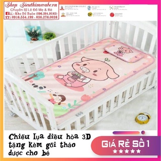 Chiếu lụa trẻ em cao cấp 3D in hình tặng kèm gối thảo dược