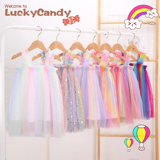 Đầm công chúa không tay phối ren Luckycandy màu ánh cầu vồng cho bé