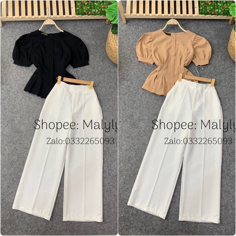 ÁO PEPLUM CỔ TRÒN TAY PHỒNG + QUẦN SUÔNG