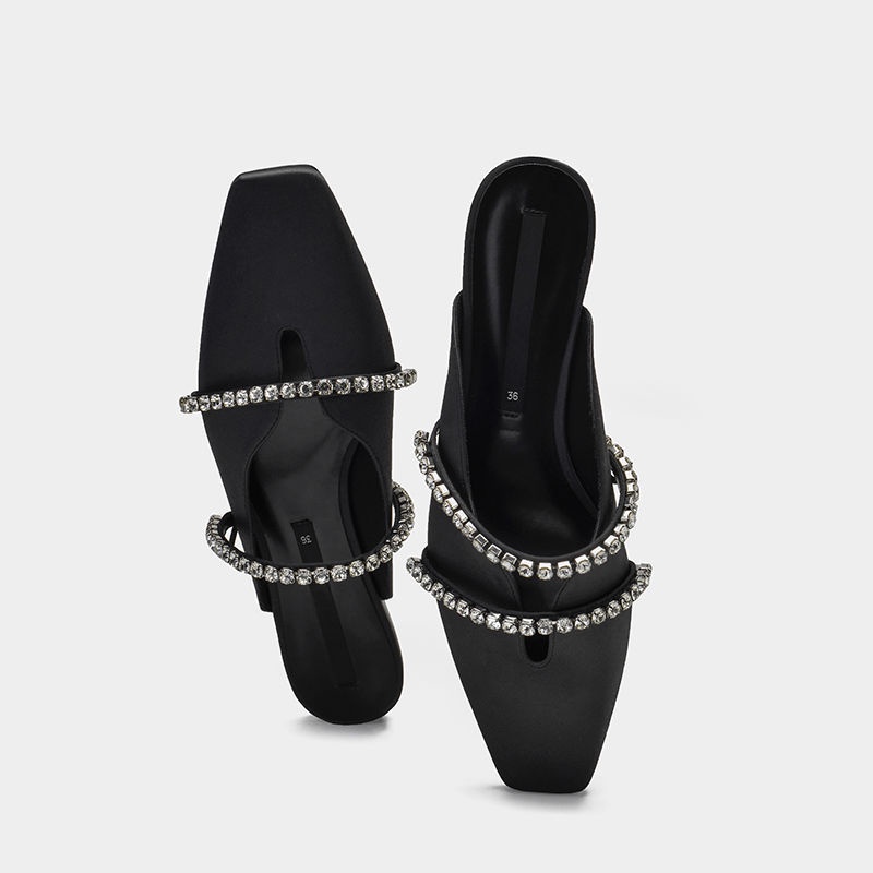 2022 mùa xuân và mùa hè mới đáy phẳng mules Pháp bán đường mòn đầu vuông rhinestone giày dép nữ