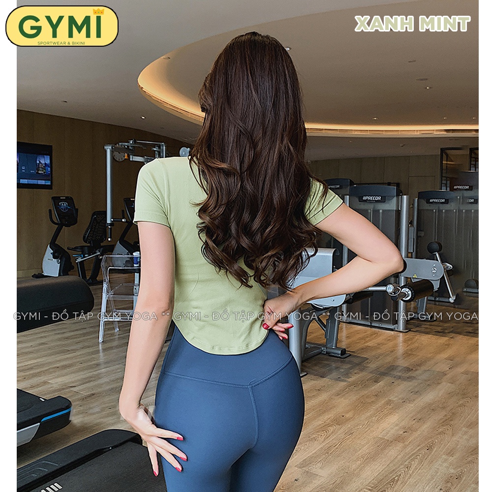 Áo tập gym yoga nữ GYMI AC25 dáng ngắn cộc tay vạt bầu chất thun gân co giãn tốt ôm body
