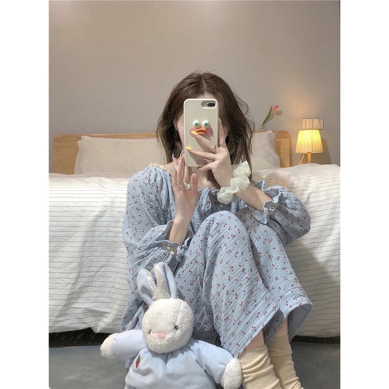 Pijama xanh hình cherry chất đũi mềm mại ulzzang Hàn Quốc