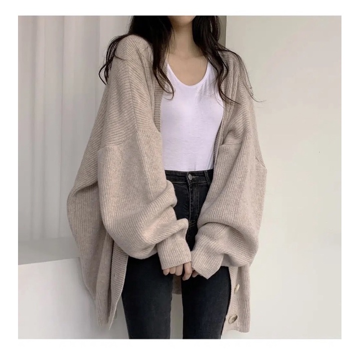 Áo Cardigan Màu Nâu Ghi Be Dài Tay Dáng Suông Rộng, Áo Khoác Ngoài Phong Cách Ulzzang Hàn Quốc Đủ Size Hàng Quảng Châu
