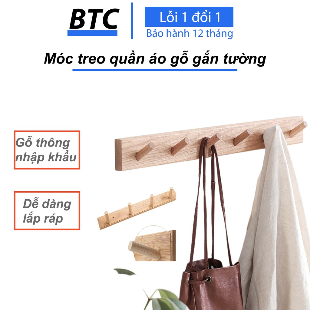 Móc Treo Quần Aó Gỗ Gắn Tường GU DECOR WOODEN - Thanh Treo Đồ Đa Năng 5 Móc Tiện Dụng