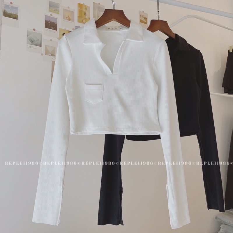 Áo croptop thun gân, tay xẻ, túi 1 bên