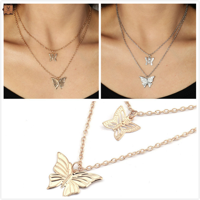 Cod In Stock New Fashionable Gold and Silver Size Two Butterfly Classic Double Chain Necklace