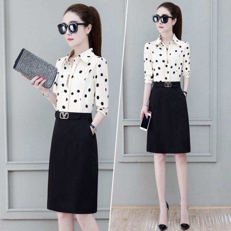 Set Váy Áo Sơ Mi Liền Chân Váy Dáng Dài Chữ A Cho Các Chị Em Công Sở, Đi Chơi