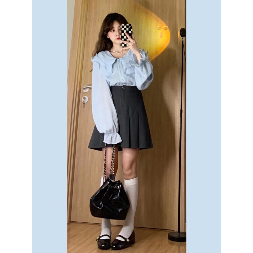 Áo sơ mi XIAOZHAINV dài tay dáng rộng màu xanh dương phong cách Pháp thời trang cho nữ