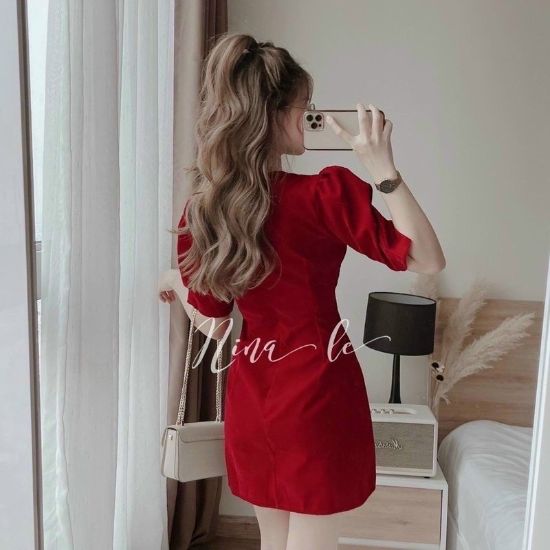 Đầm dáng A dự tiệc tôn dáng, cổ V đính nơ