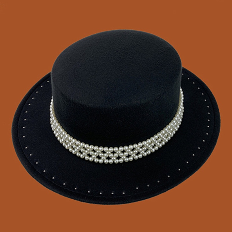 Mũ Cao Bồi Đen Vành Phẳng Đính Ngọc Trai Giả Thanh Lịch Cho Dịp Halloween