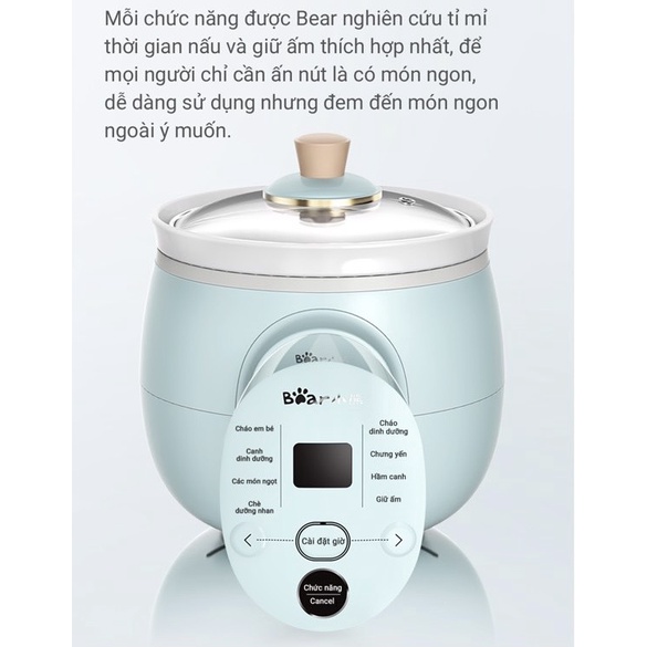 Nồi Nấu Cháo Chậm 2L Cho Bé, Ninh, Hầm, Cách Thủy 4 in 1 Bear Chính Hãng Quốc Tế DDG-D20P1 - Bảo Hành 18 Tháng