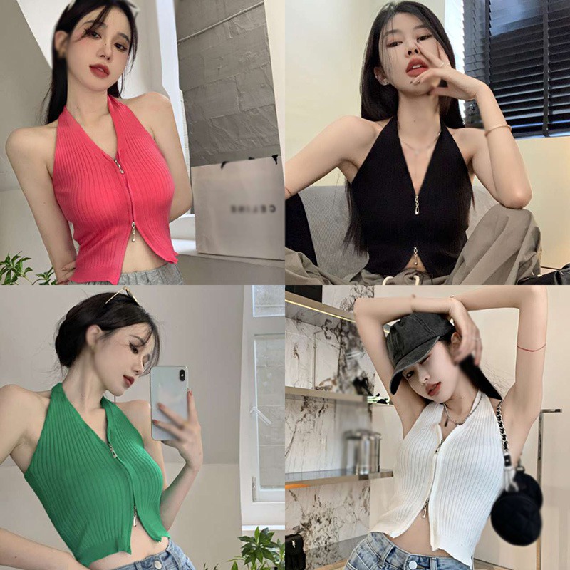 Áo Croptop Dệt Kim Không Tay Cổ Yếm Màu Sắc Đơn Giản Phong Cách Retro Hàn Quốc Cho Nữ