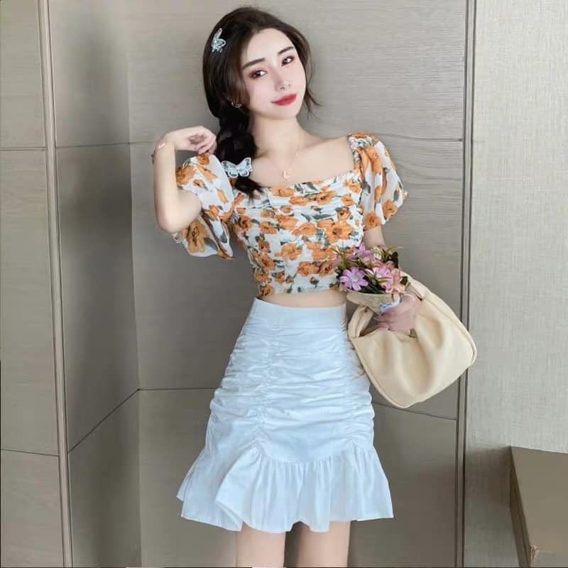 Set Áo Trễ Vai Hoa Kèm Chân Váy Nhúm Cao Cấp , Set Trễ Vai Hoa Nhúm Mặc 2 Kiểu Siêu Xinh