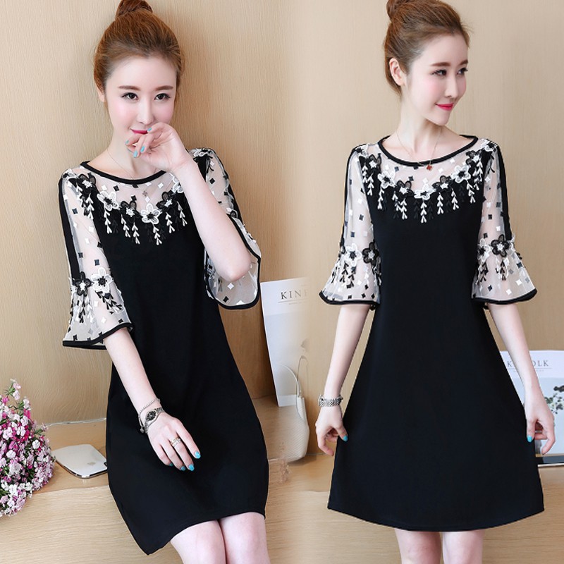 Đầm xòe bigsize quảng châu đen phối voan cổ tay thêu hoa ren D863 【Chính góc Quảng Châu】