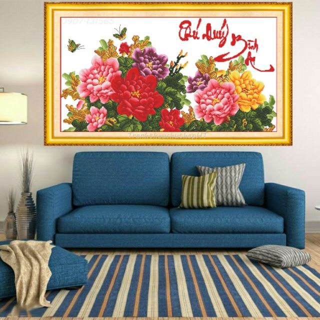 Tranh thêu chữ thập hoa mẫu đơn KT:124x62cm,tranh chưa thêu,Tặng kéo và xỏ chỉ.