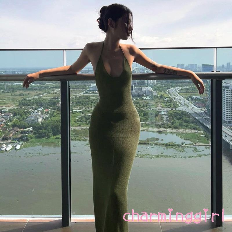 CHM-Women´s Sleeveless Halter Neck Dresses Solid Color Backless Tie-Up Bodycon One-Piece