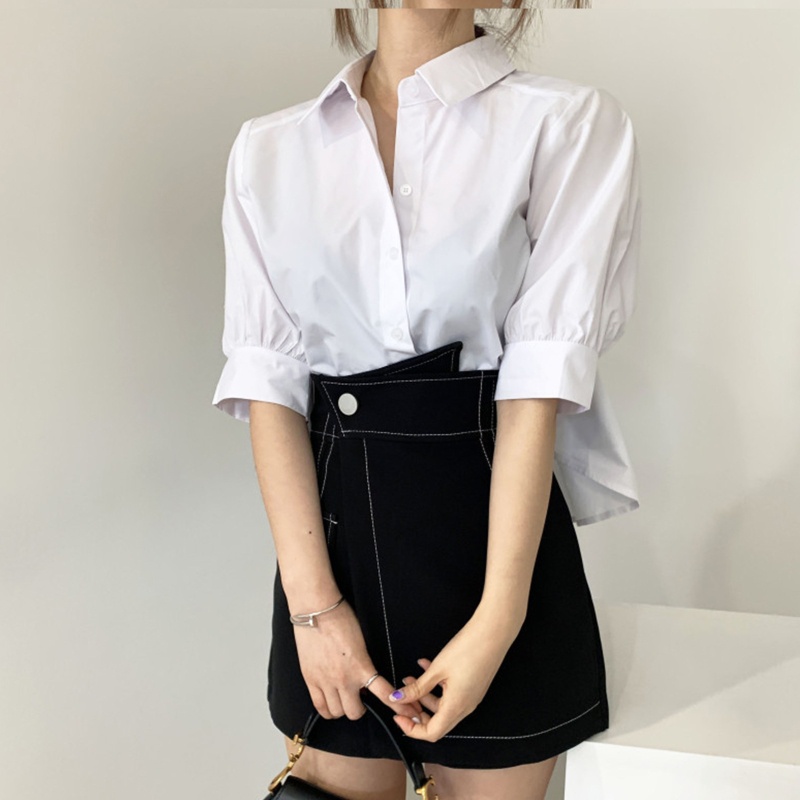 Áo Sơ Mi Tay Lửng Cổ Chữ V Cài Nút Ở Lưng Xếp Ly Màu Trơn Dành Cho Nữ