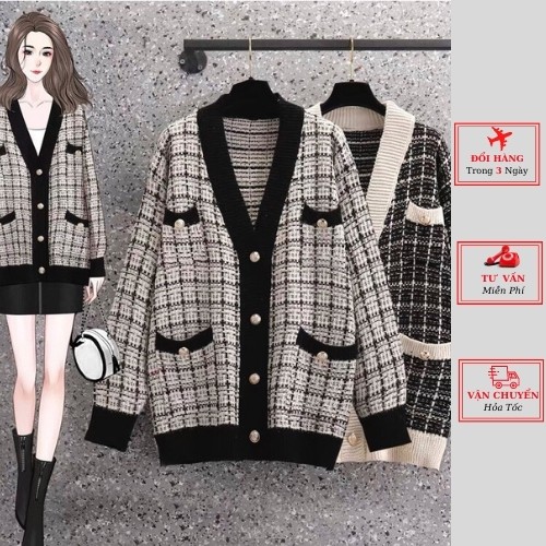 Áo cardigan len nữ dáng dài kẻ caro đen trắng ulzzang Hàn Quốc cá tính