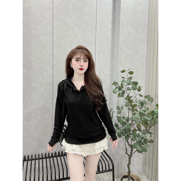 Áo hoddie len tăm mỏng mặc thu đông, áo thun dài tay có mũ 2 màu đen trắng VANA STORE