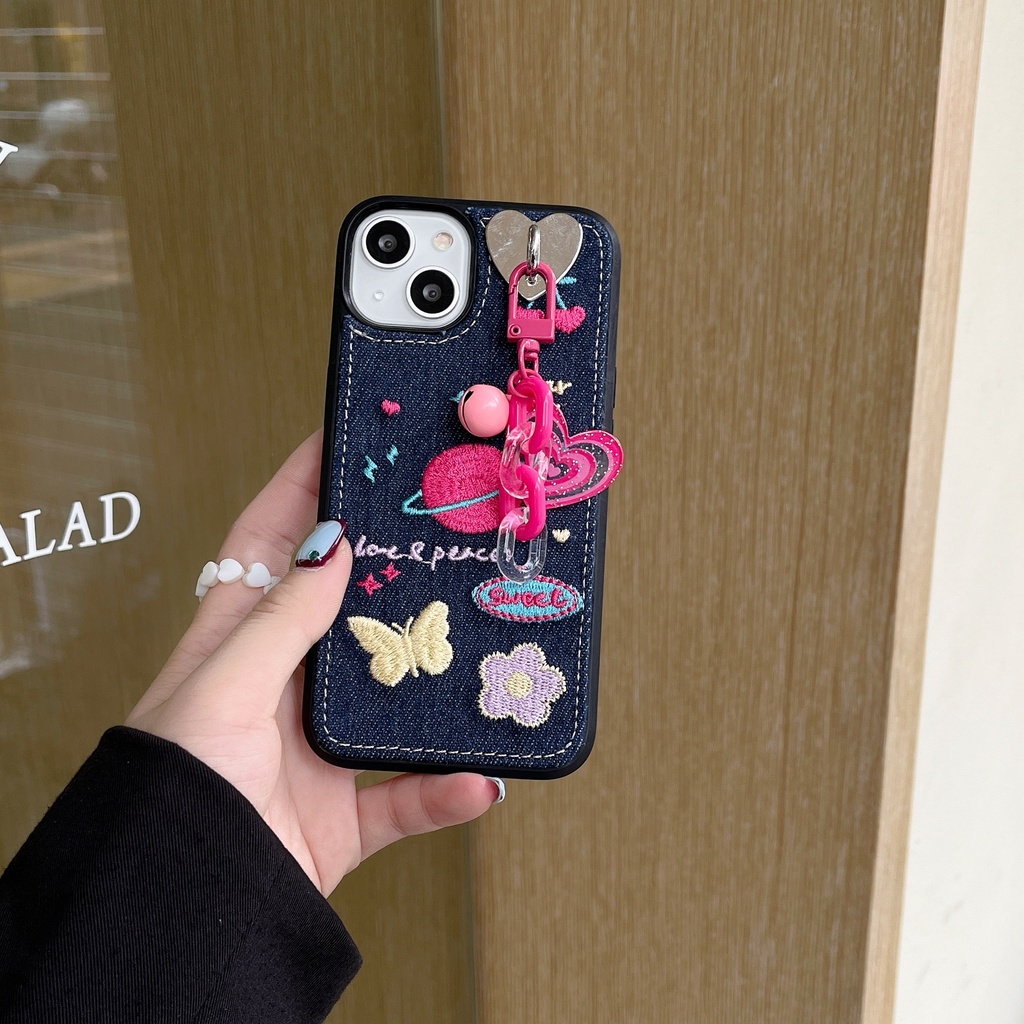 Ốp Điện Thoại Tpu denim Mềm Chống Trượt Thêu Hình Hoạt Hình Có Dây Đeo Cổ Tay Cho iphone 11 12 13 pro xs max xr