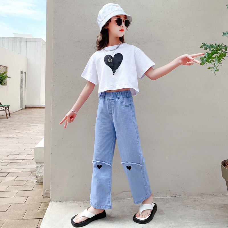 Quần Jean Dài Lưng Cao Ống Rộng Thời Trang Xuân Thu Cho Bé Gái