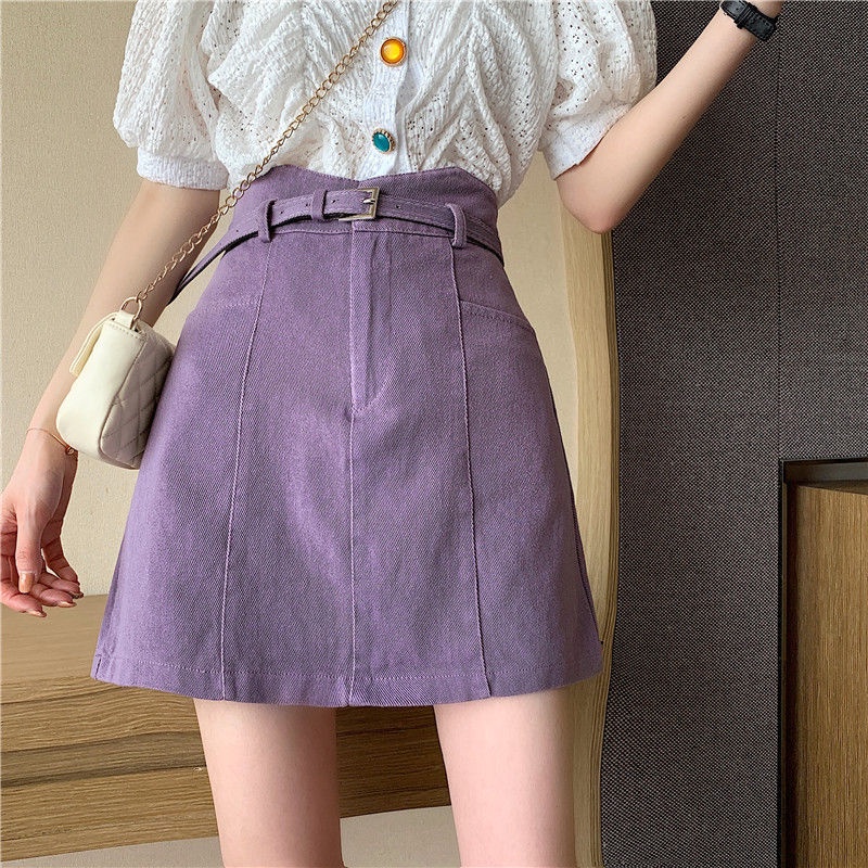 chân váy jean Chữ A Lưng Cao Màu Sắc Đơn Giản Phối Thắt Lưng | BigBuy360 - bigbuy360.vn